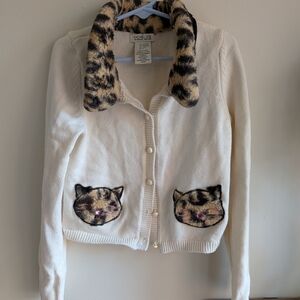 Rachel Zoe Cream Cardigan with Leopard Faux Fur Collar & Cat Pockets
